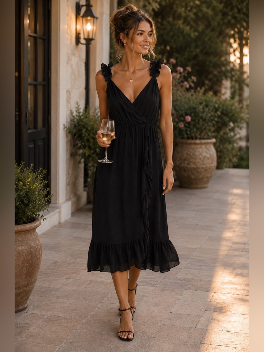 Madewell Black Wrap Midi Dress Sz 4 Ruffle Strap Wedding Guest